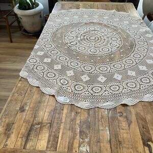 Vintage Handmade Crochet Lace Tablecloth 58” Round Cotton Doily Shabby Chic